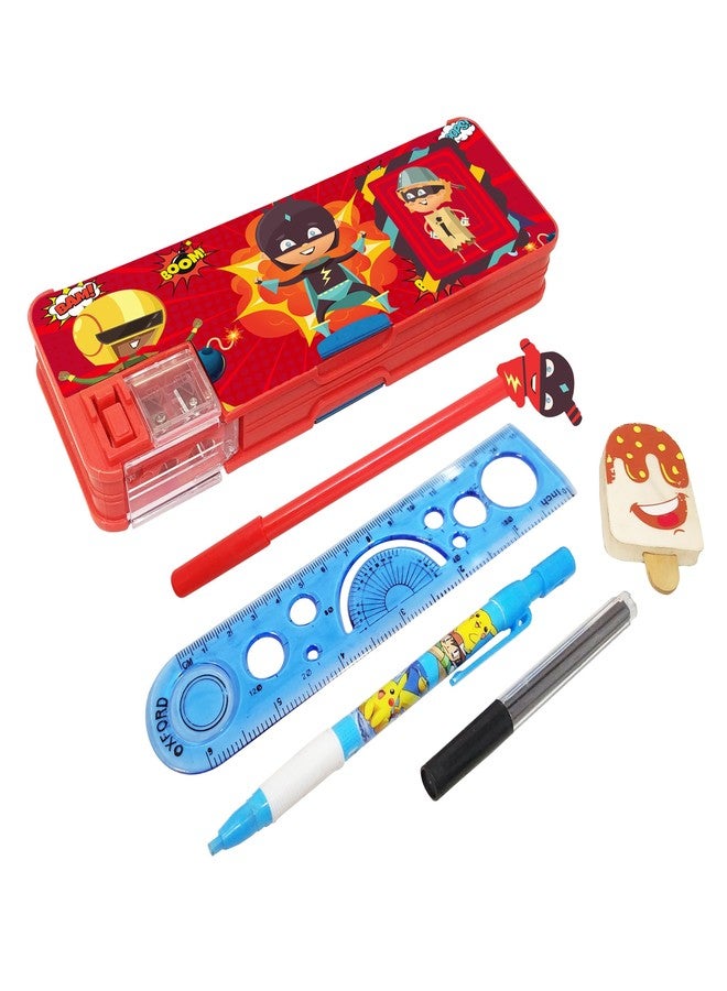 Sidak Stationery Pencil Box Combo of 5 Items - 1 Pencil Box with Calculator,1 Cartoon Pen, 1 Lead Pencil with Extra Refill, 1 Eraser and 1 Scale for Kids. (Red) - Image 1